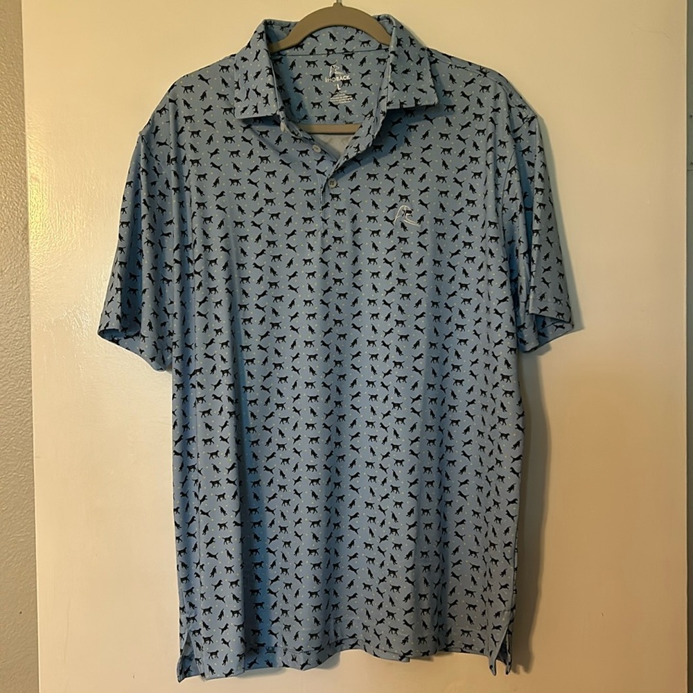 Rhoback Performance Polo “The Lab” Light Blue Black Dog Mens Size large - NWOT